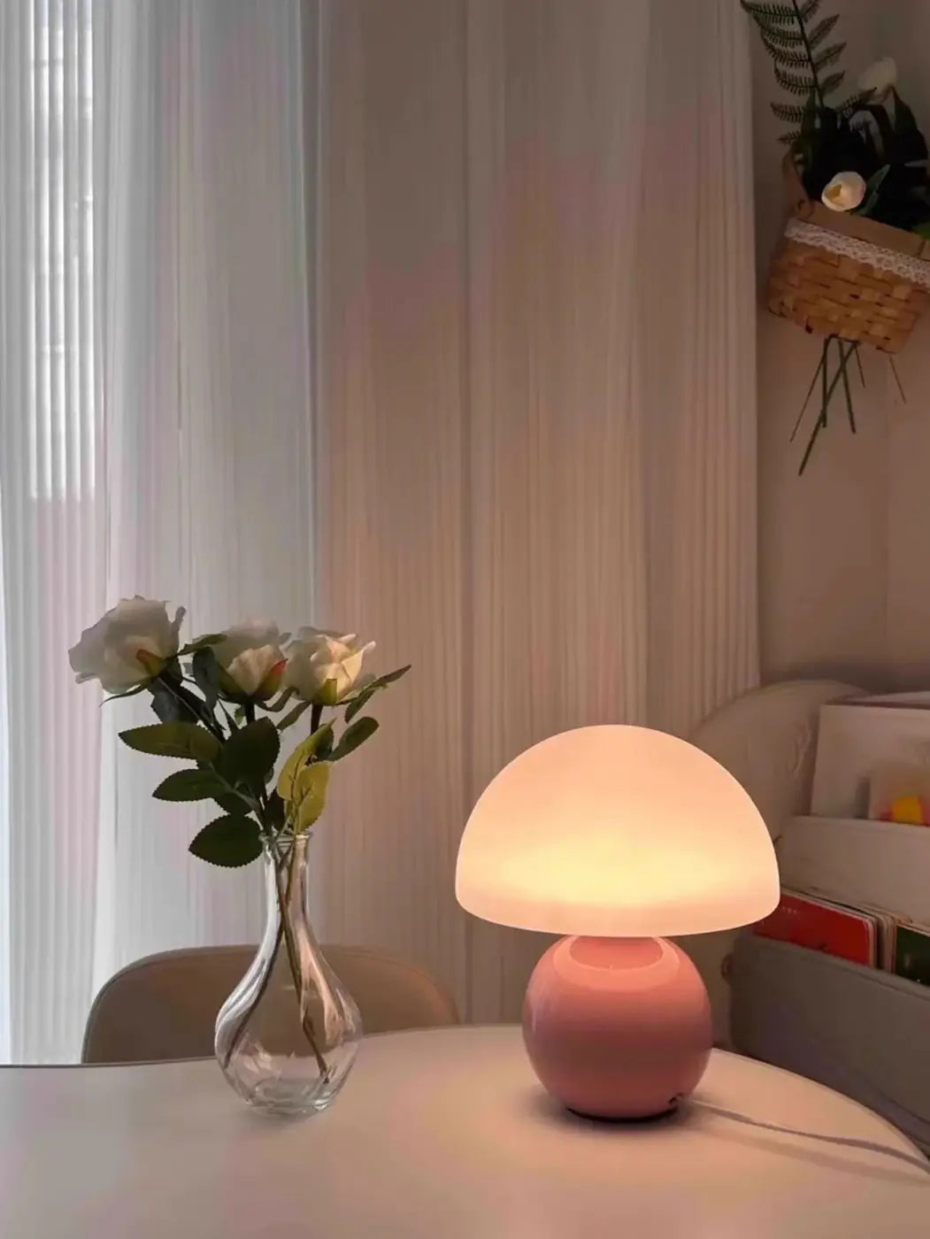 Lampe champignon en verre opalin, rose, vert ou blanc