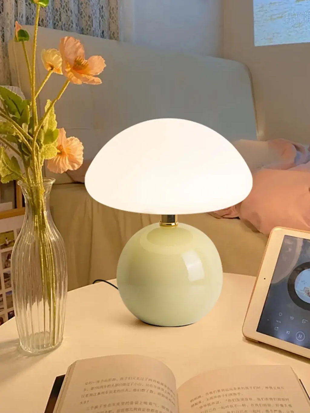 Lampe champignon en verre opalin, rose, vert ou blanc