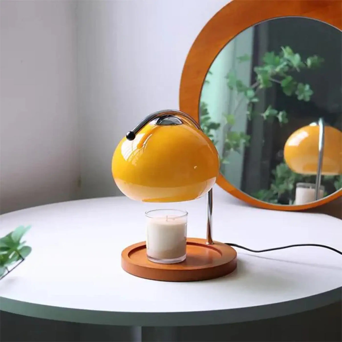 Lampe de chevet globe en verre sur pied en bois, 3 coloris, orange
