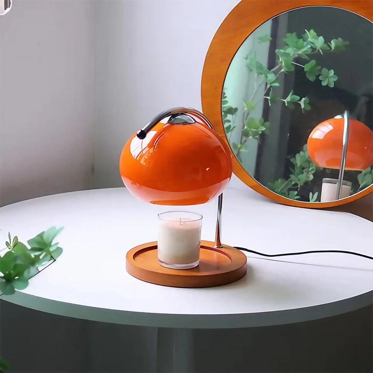 Lampe de chevet globe en verre sur pied en bois, 3 coloris, rouge