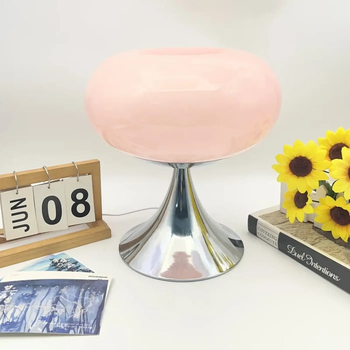 Lampe à poser rétro, diffuseur en verre arrondi, cinq coloris, rose
