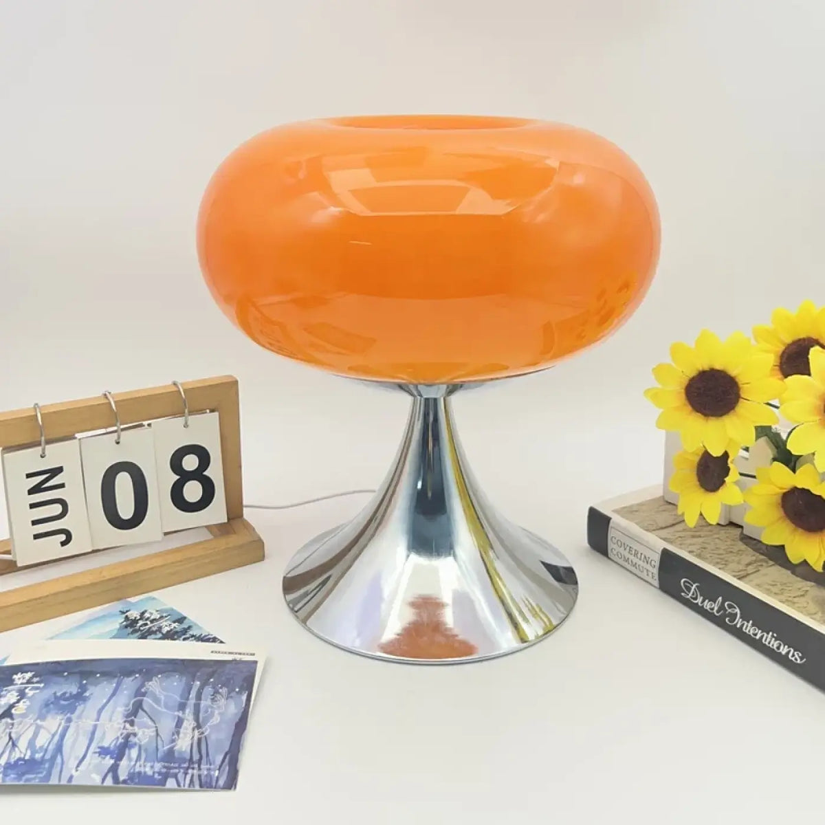 Lampe à poser rétro, diffuseur en verre arrondi, cinq coloris, orange