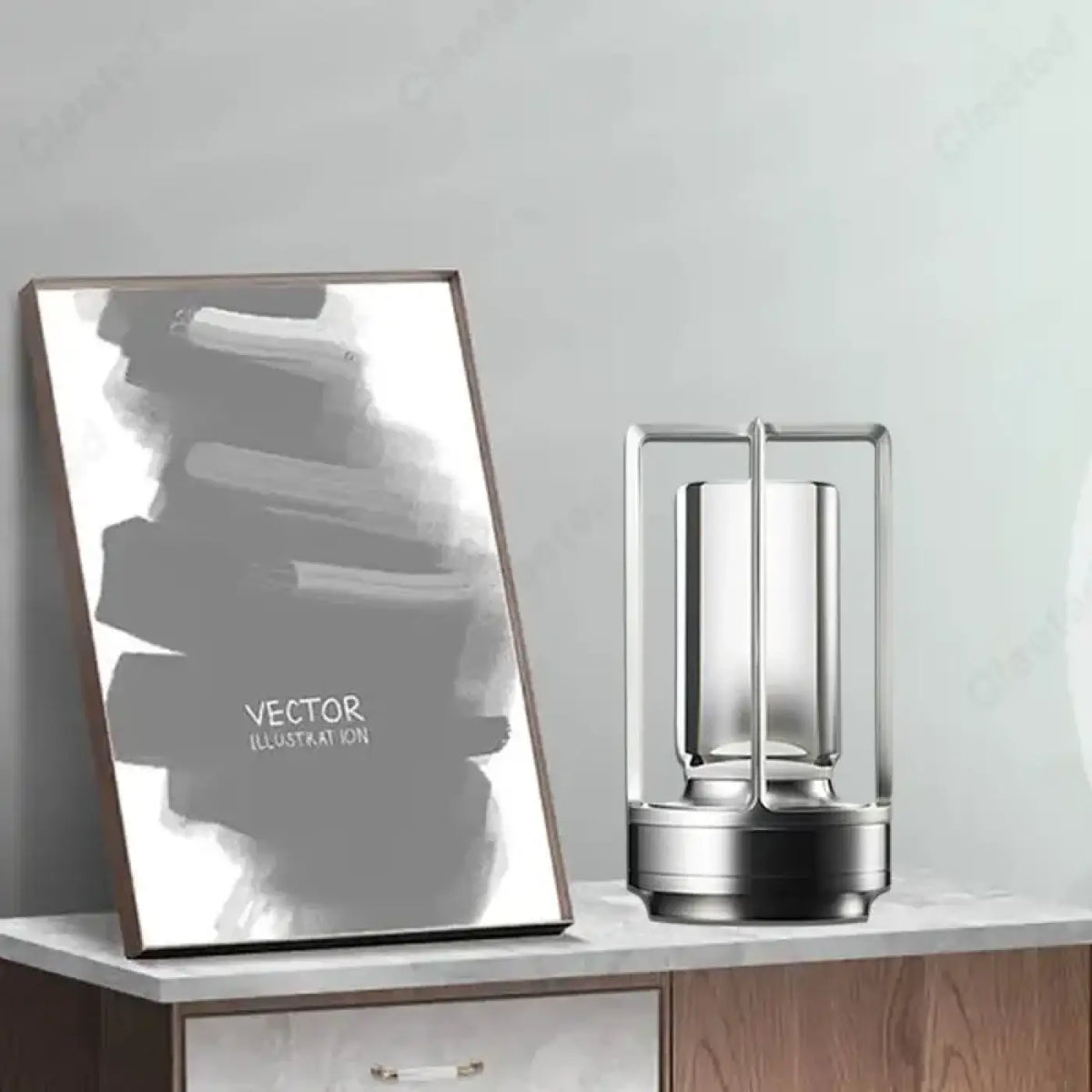 Lampe à poser style lanterne, cylindre en verre, trois coloris, argenté