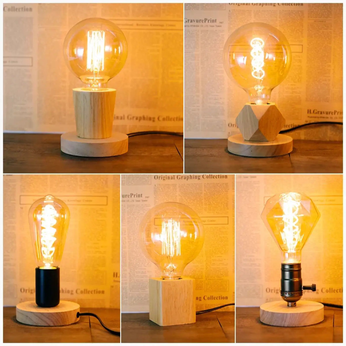 Lampe industrielle en bois à ampoule rétro apparente, cinq modèles