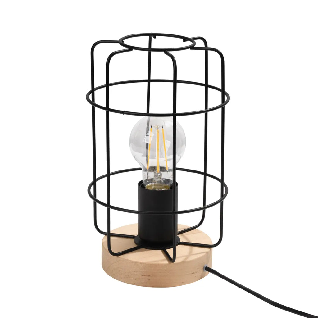 Lampe de table cage en acier noir sur socle en bois