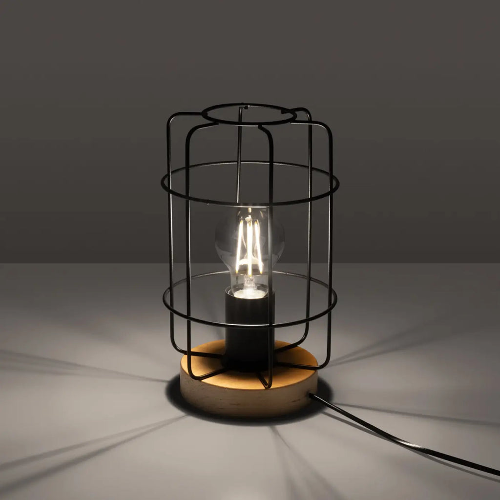 Lampe de table cage en acier noir sur socle en bois