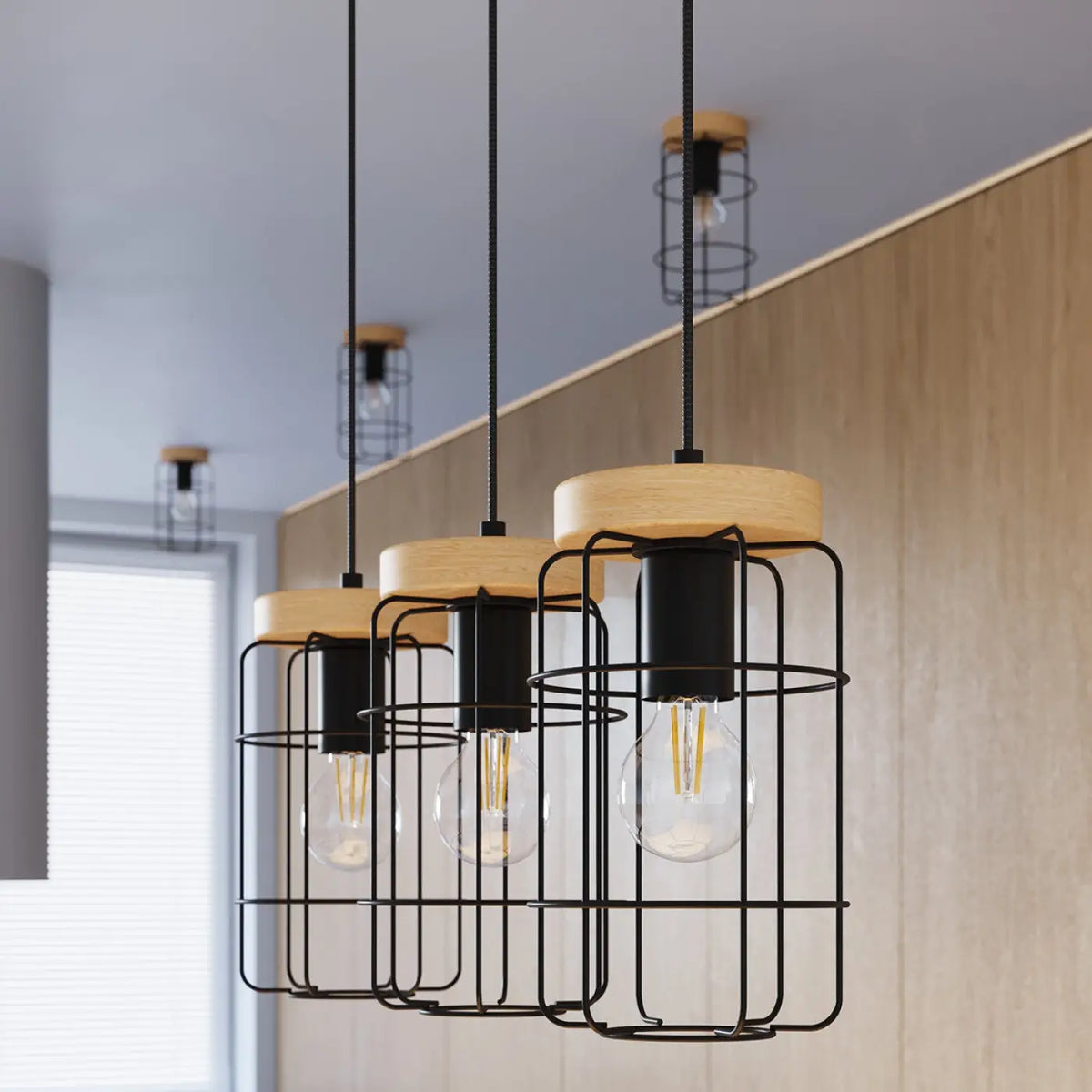 Lampe de table cage en acier noir sur socle en bois