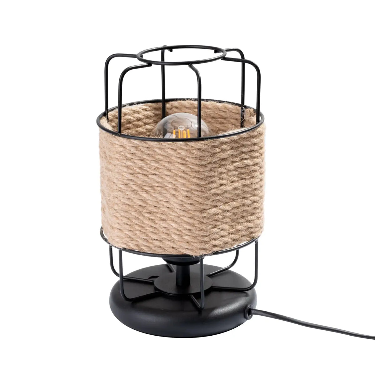 Lampe industrielle à poser, métal noir et corde tressée