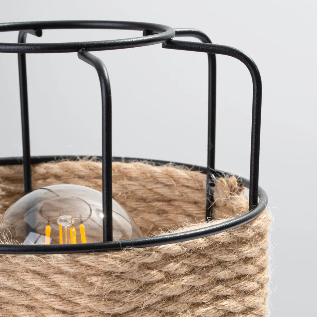 Lampe industrielle à poser, métal noir et corde tressée