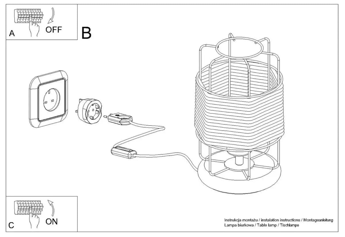 Lampe industrielle à poser, métal noir et corde tressée