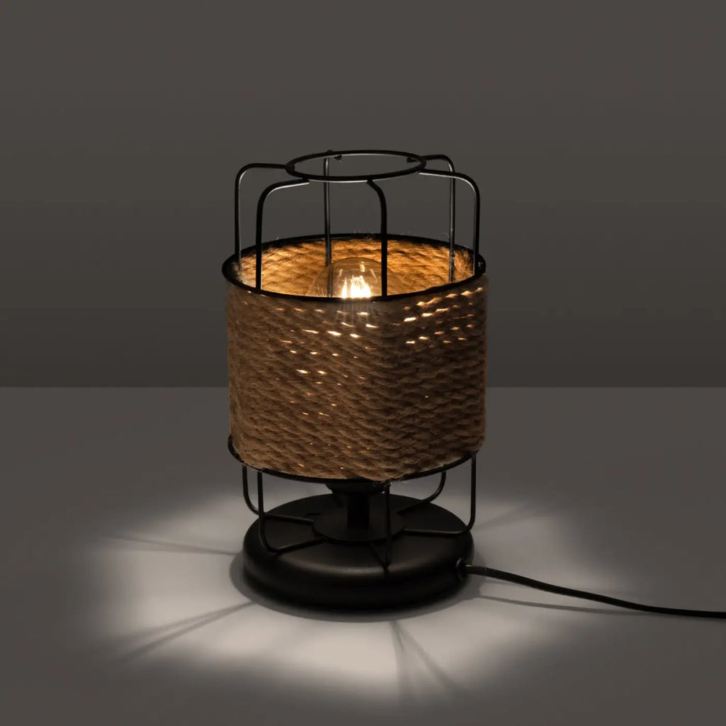 Lampe industrielle à poser, métal noir et corde tressée