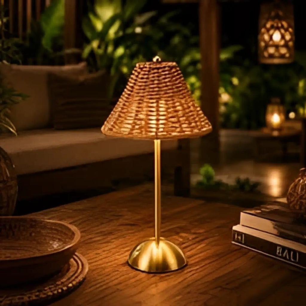 Lampe en rotin tressé, abat-jour conique et pied doré