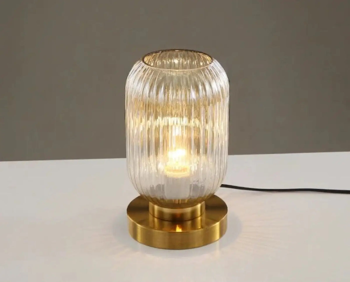 Lampe de table en verre sur base dorée, deux tailles, transparent