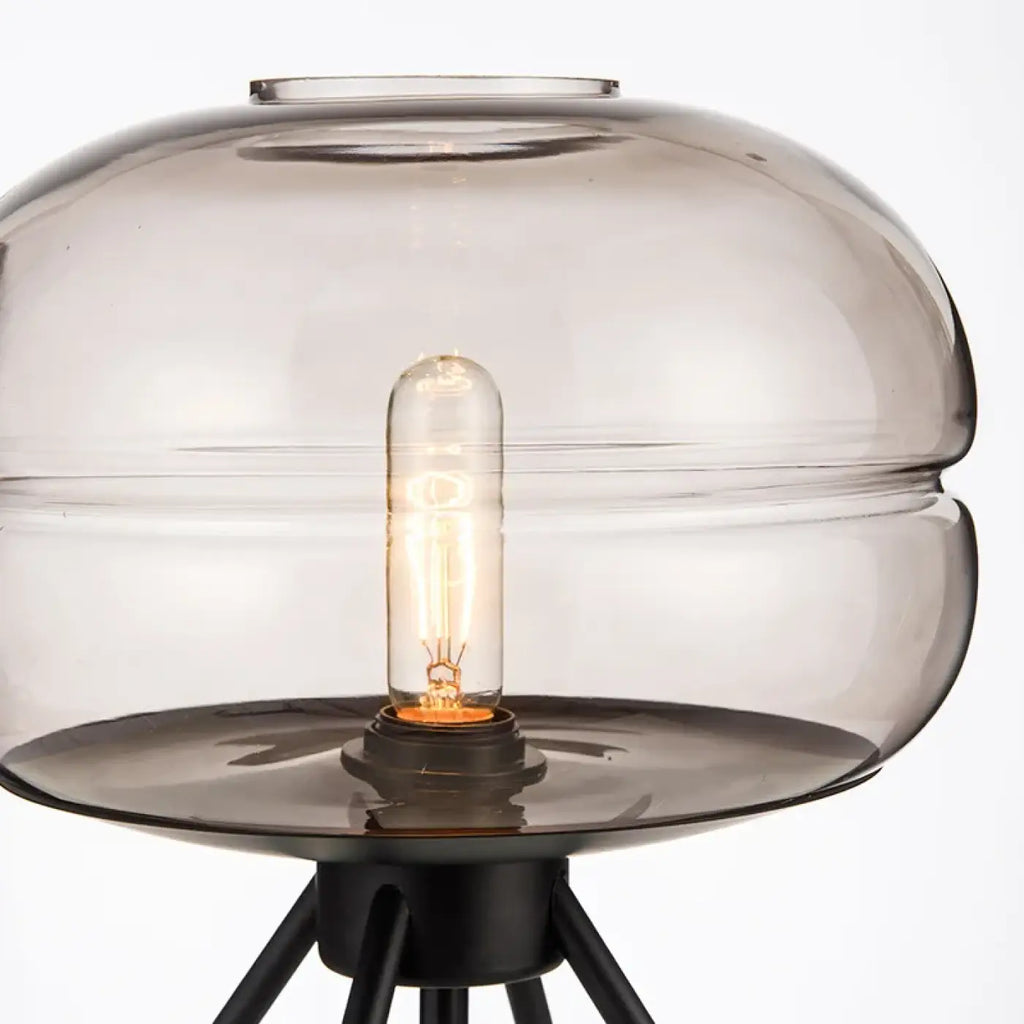 Lampe de table à trépied, abat-jour en verre fumé cognac ou gris