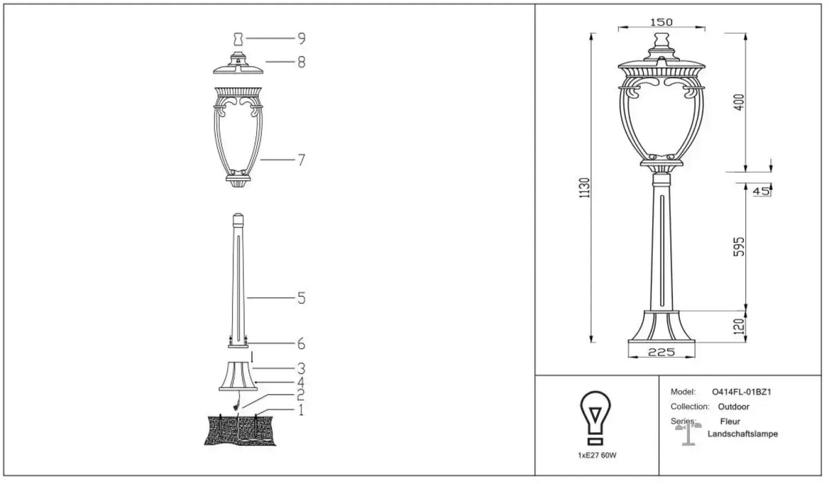 Lampadaire de jardin lanterne baroque en acier, 113 cm