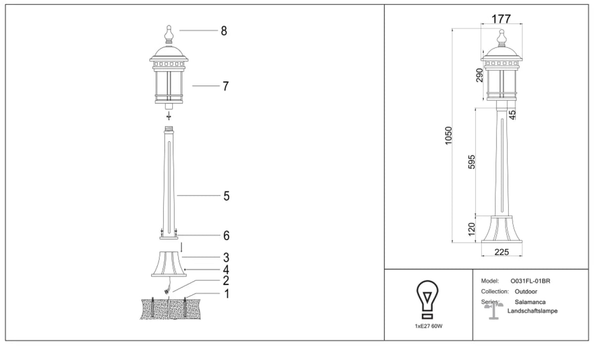 Lanterne extérieure sur pied en acier bronze, 105 cm, IP44