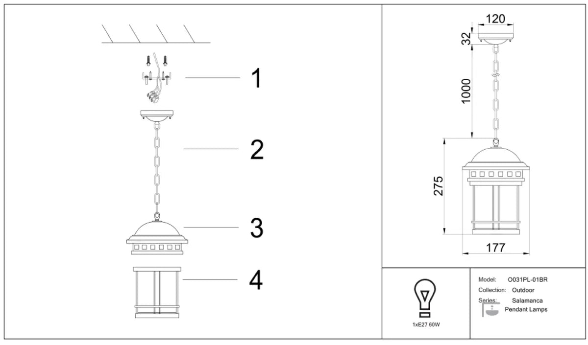 Lanterne suspendue d'extérieur en acier bronze, IP44, 27,5 cm