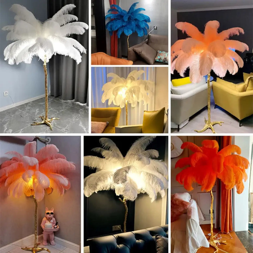 Lampadaire palmier à plumes, socle doré, dix coloris