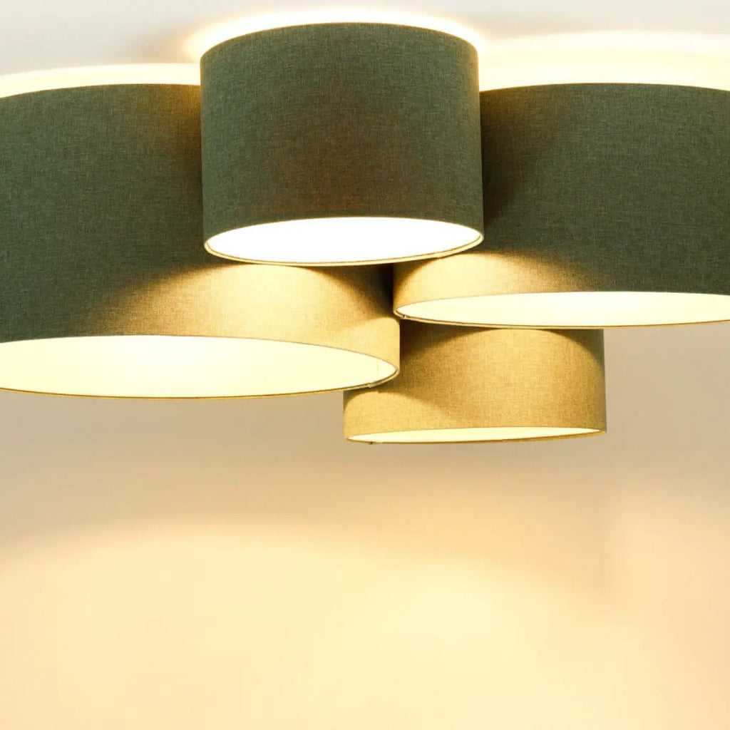 Plafonnier 4 cylindres en tissu vert gris et écru, 92 cm de large