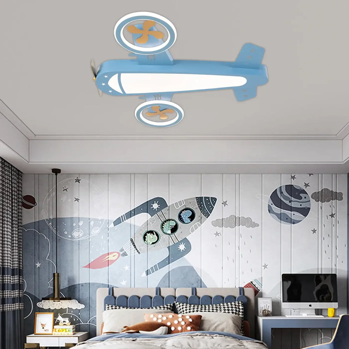 Plafonnier avion bleu à anneaux lumineux pour chambre d'enfant