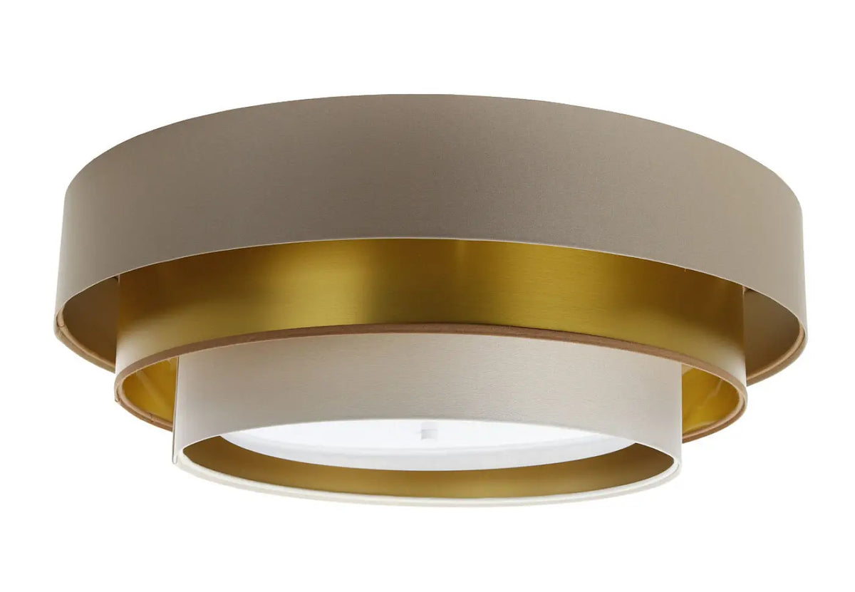 Plafonnier rond à trois abat-jours beige, crème et doré, 60 cm