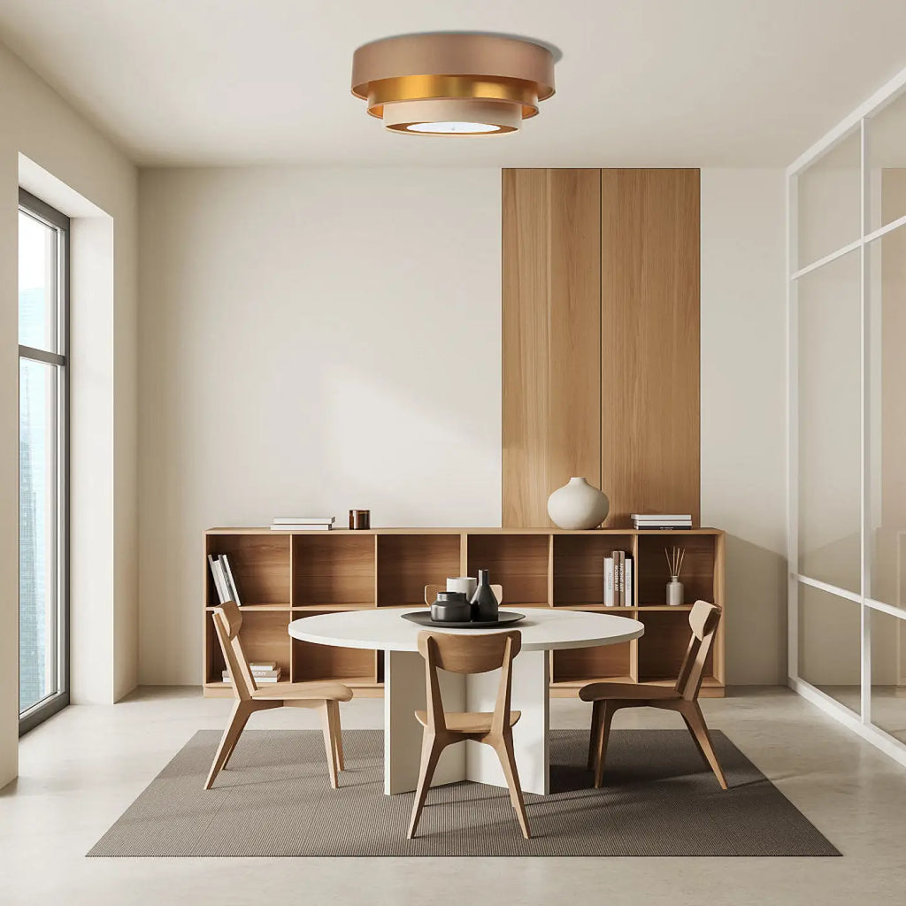 Plafonnier rond à trois abat-jours beige, crème et doré, 60 cm