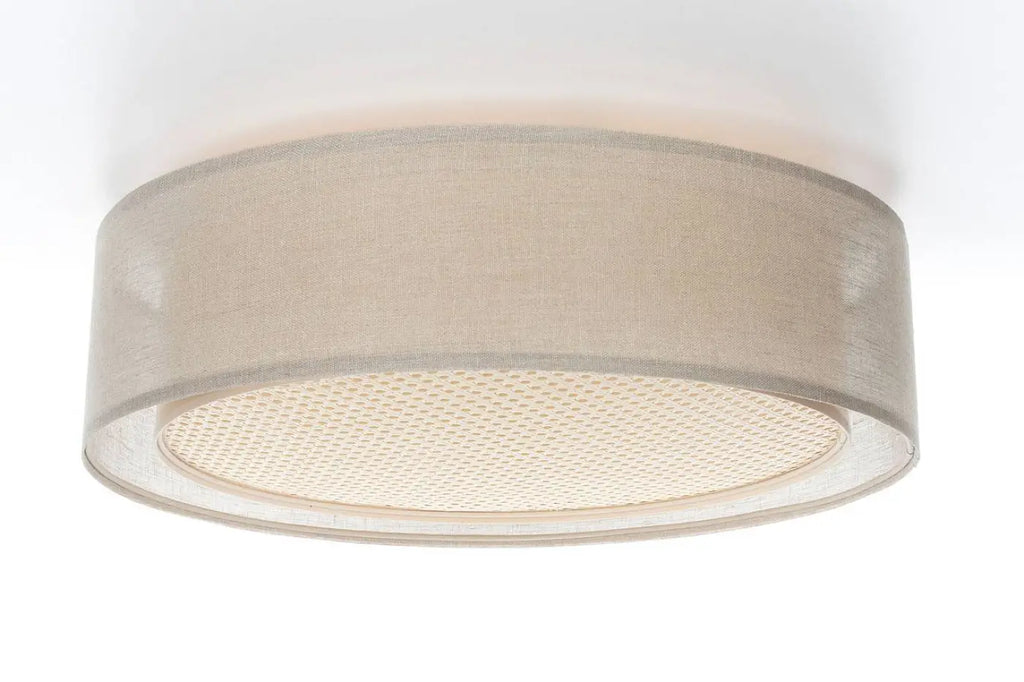 Plafonnier rond tissu beige crème et rotin, 50 ou 60 cm