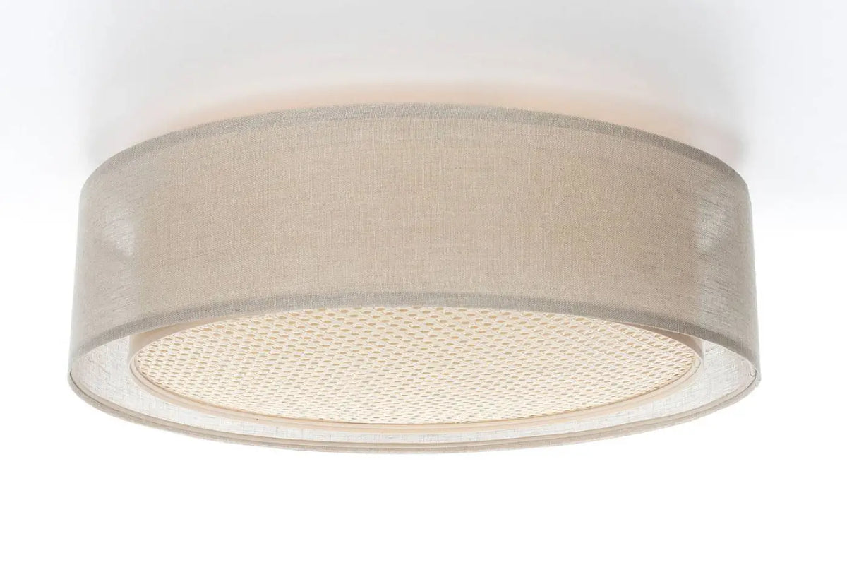 Plafonnier rond tissu beige crème et rotin, 50 ou 60 cm