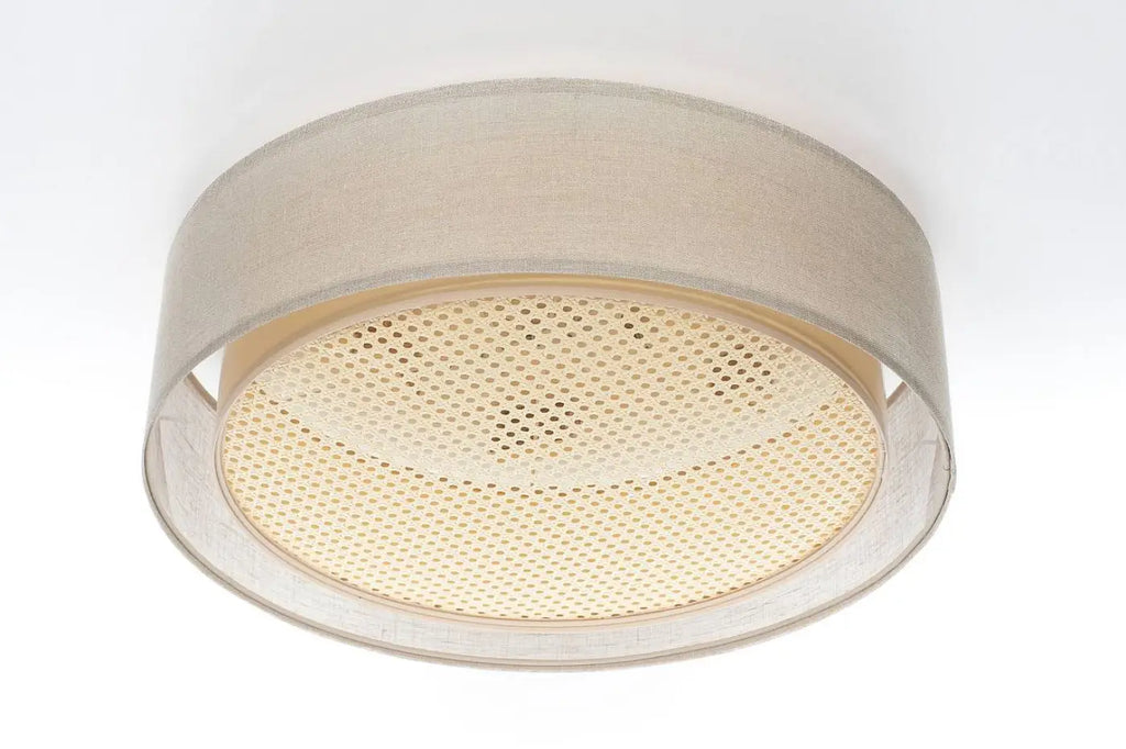 Plafonnier rond tissu beige crème et rotin, 50 ou 60 cm