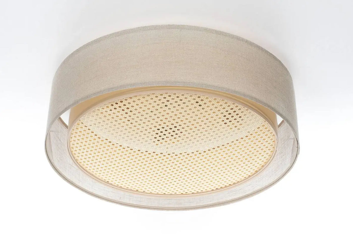 Plafonnier rond tissu beige crème et rotin, 50 ou 60 cm