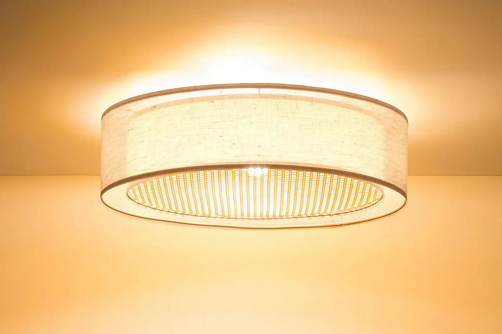 Plafonnier rond tissu beige crème et rotin, 50 ou 60 cm
