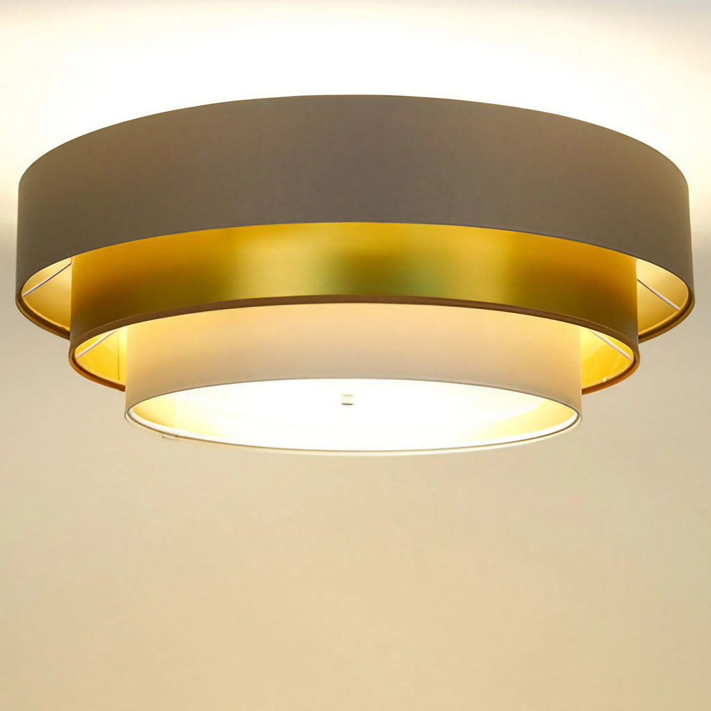 Plafonnier rond à trois abat-jours beige, crème et doré, 60 cm