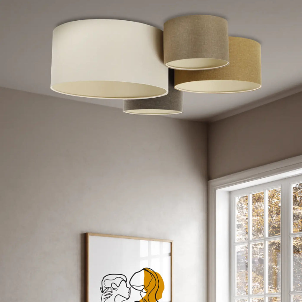 Plafonnier bohème 4 cylindres en tissu, crème, caramel et graphite