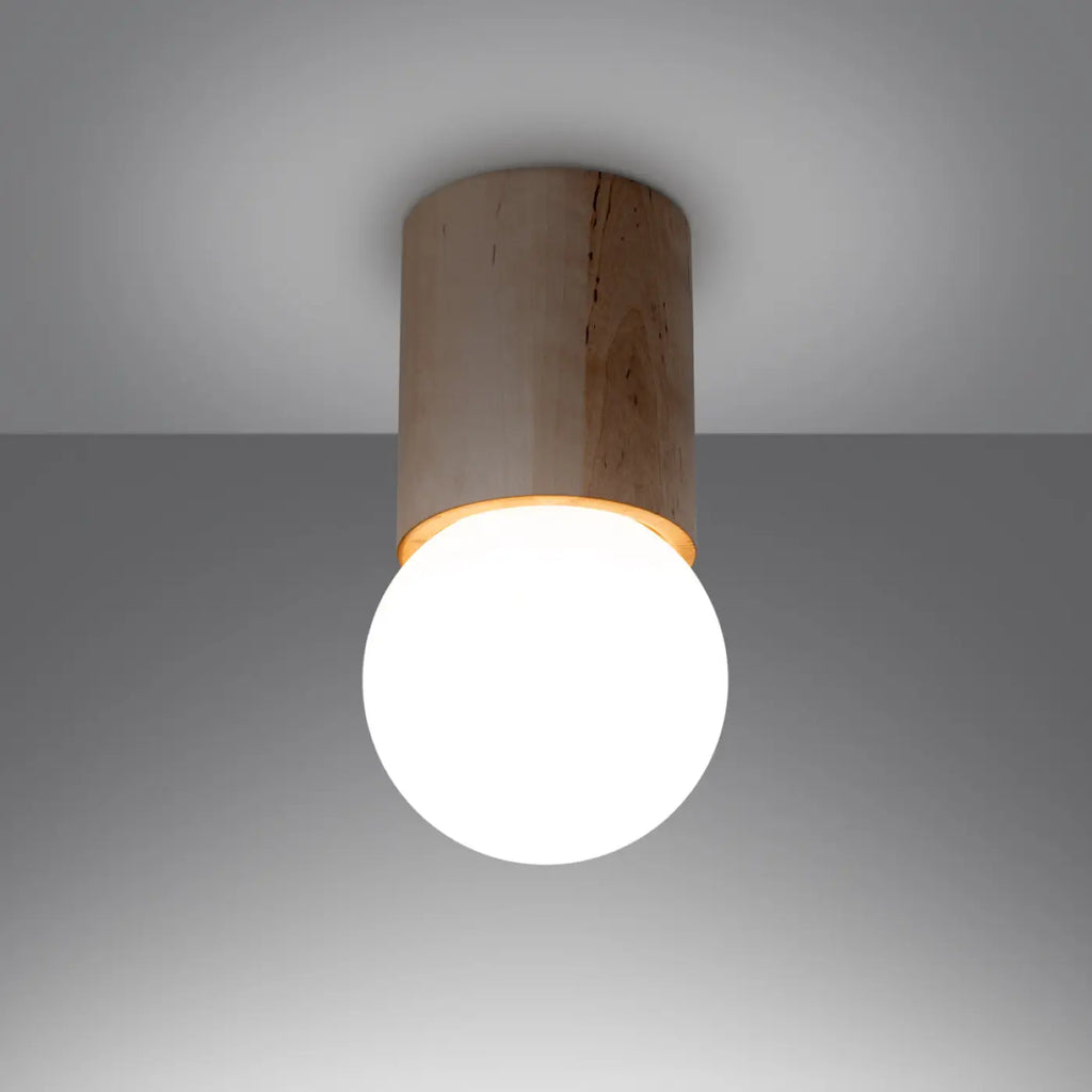 Plafonnier cylindre en bois naturel et globe opalin, 23 cm