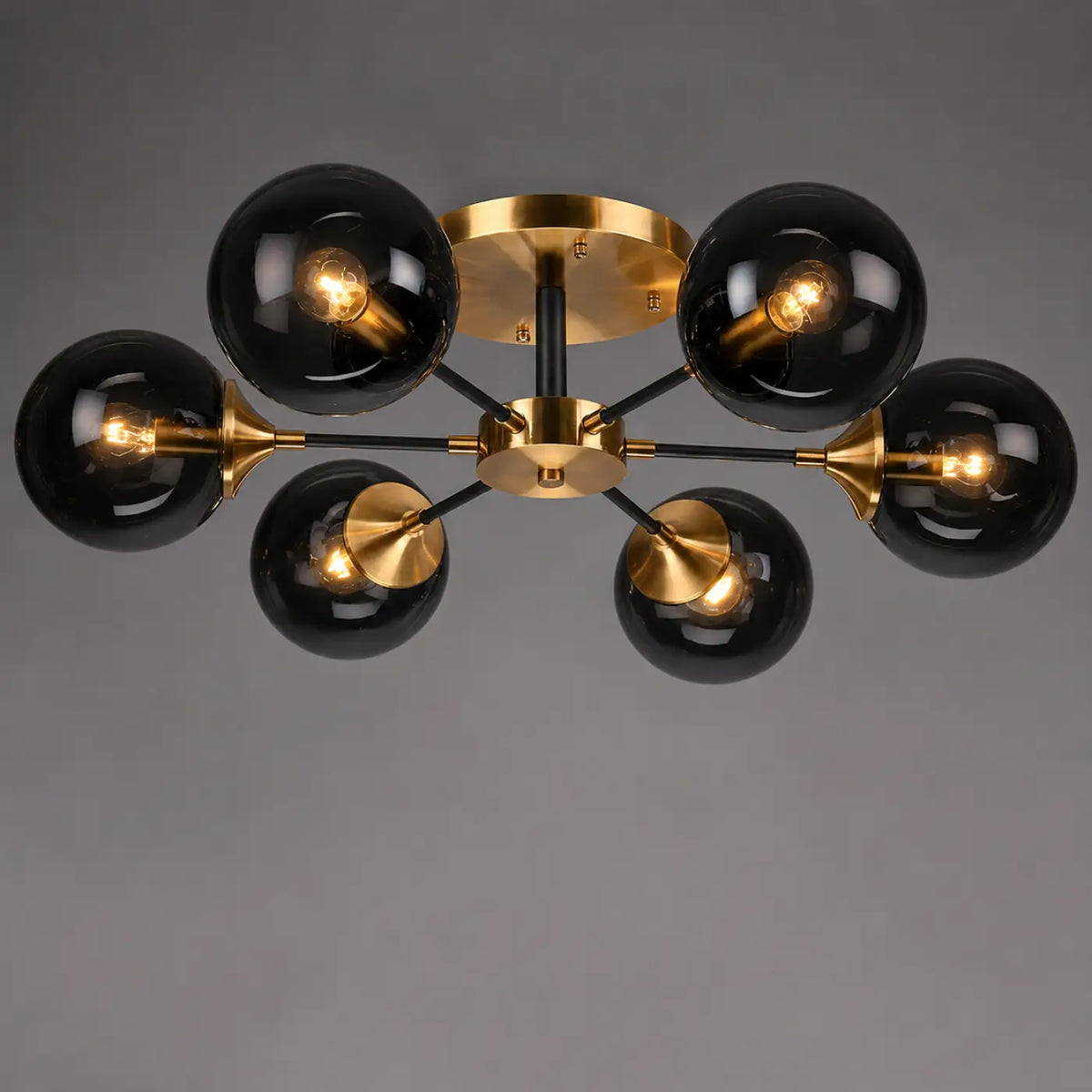 Plafonnier à branches en métal, sphères de verre, noir ou doré, noir