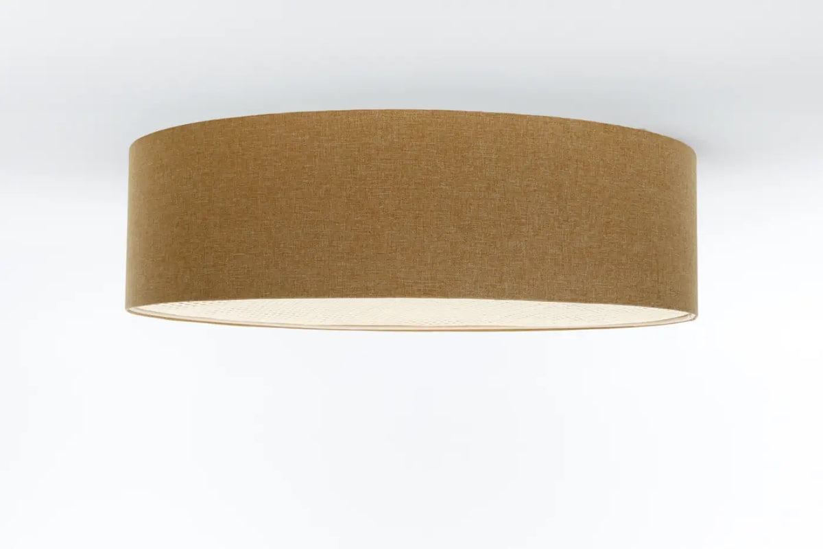 Plafonnier tissu brun et bande de rotin, de 40 à 70 cm