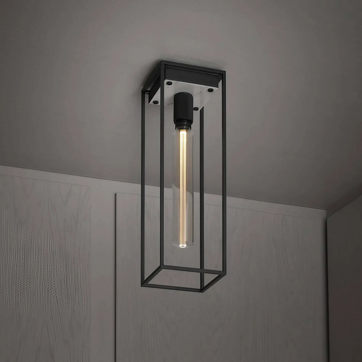 Plafonnier cage en acier noir sur plaque de marbre, 53 cm, blanc
