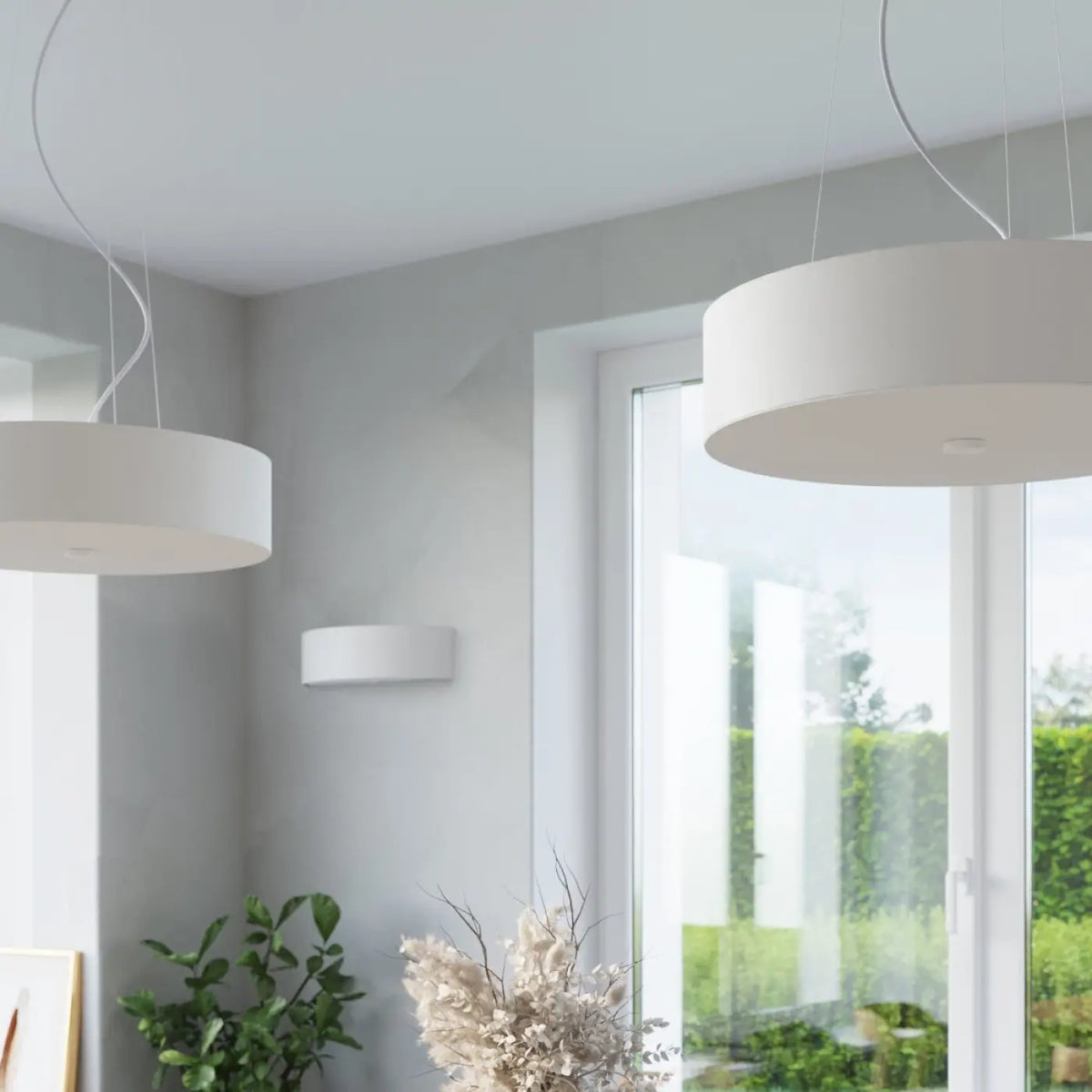 Plafonnier rond blanc en tissu et verre, 60 cm, 5 ampoules E27