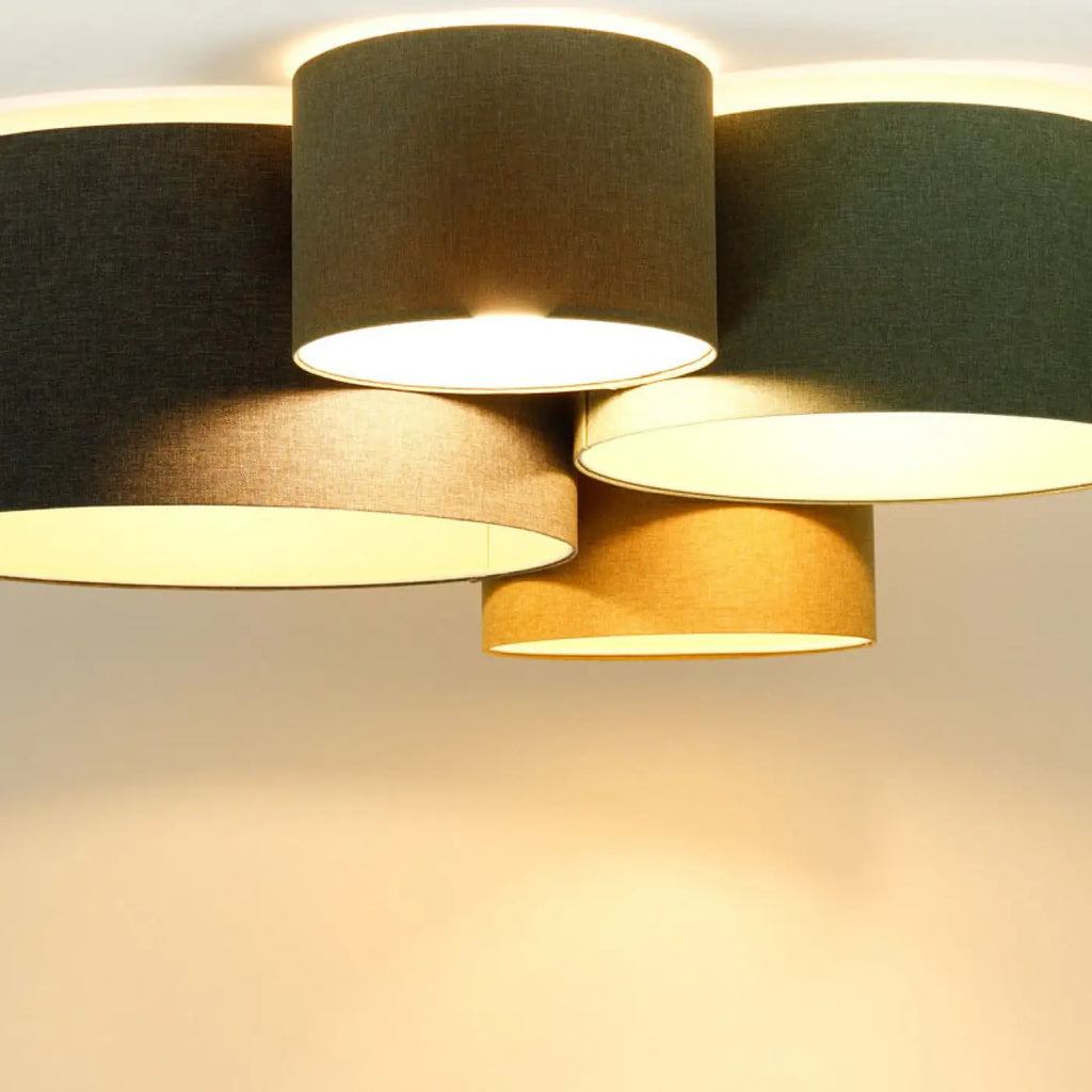 Plafonnier 4 cylindres tissu caramel, moutarde et marron gris