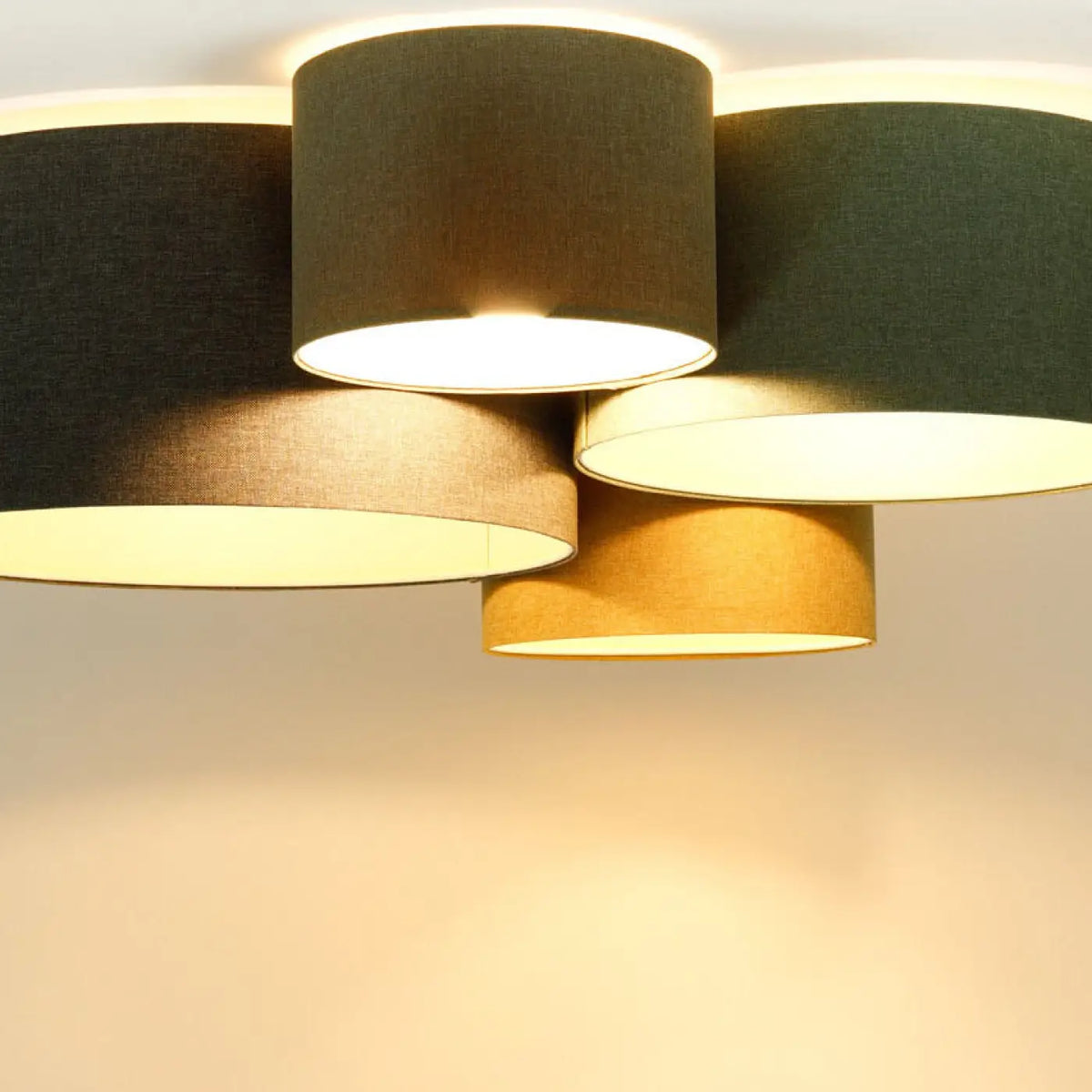 Plafonnier 4 cylindres tissu caramel, moutarde et marron gris