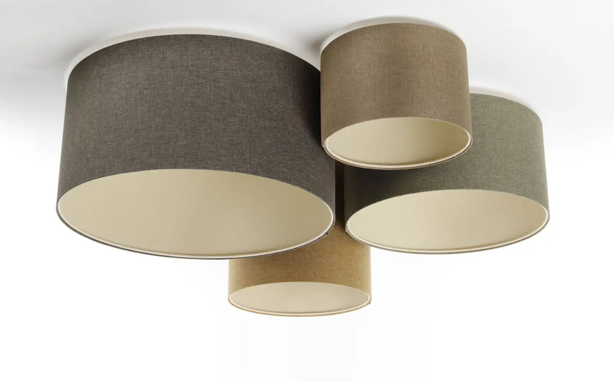 Plafonnier 4 cylindres tissu caramel, moutarde et marron gris