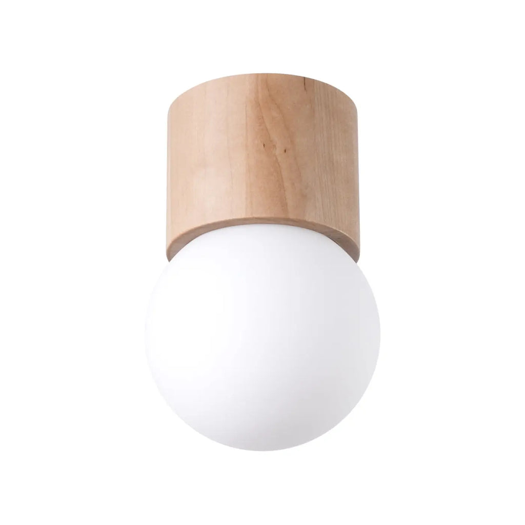 Petit plafonnier en bois naturel et globe opalin, 19 cm