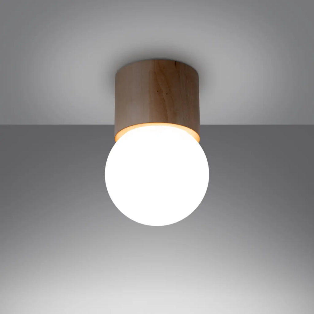 Petit plafonnier en bois naturel et globe opalin, 19 cm