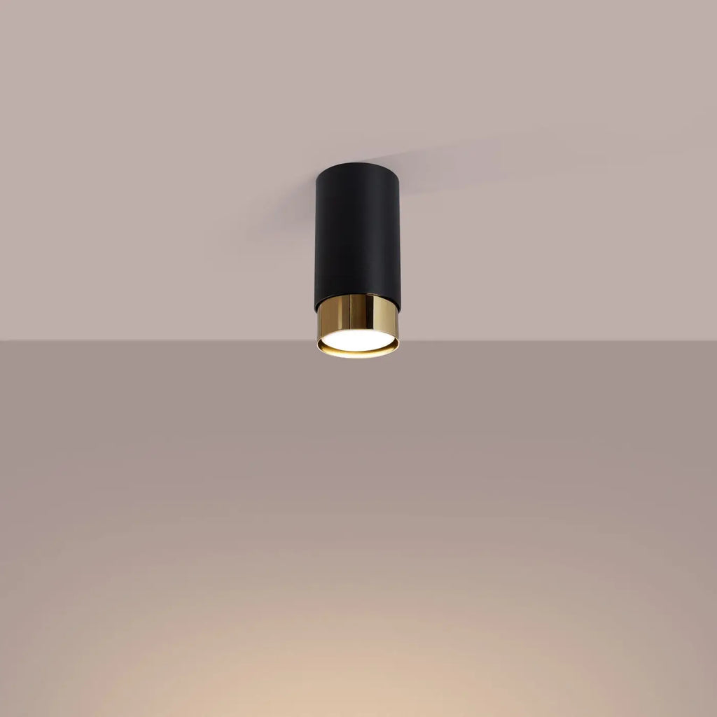 Plafonnier tube en acier noir mat à bague dorée, 12,5 cm