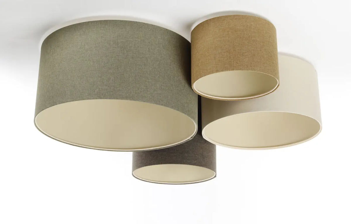 Plafonnier 4 cylindres en tissu vert gris, graphite et moutarde