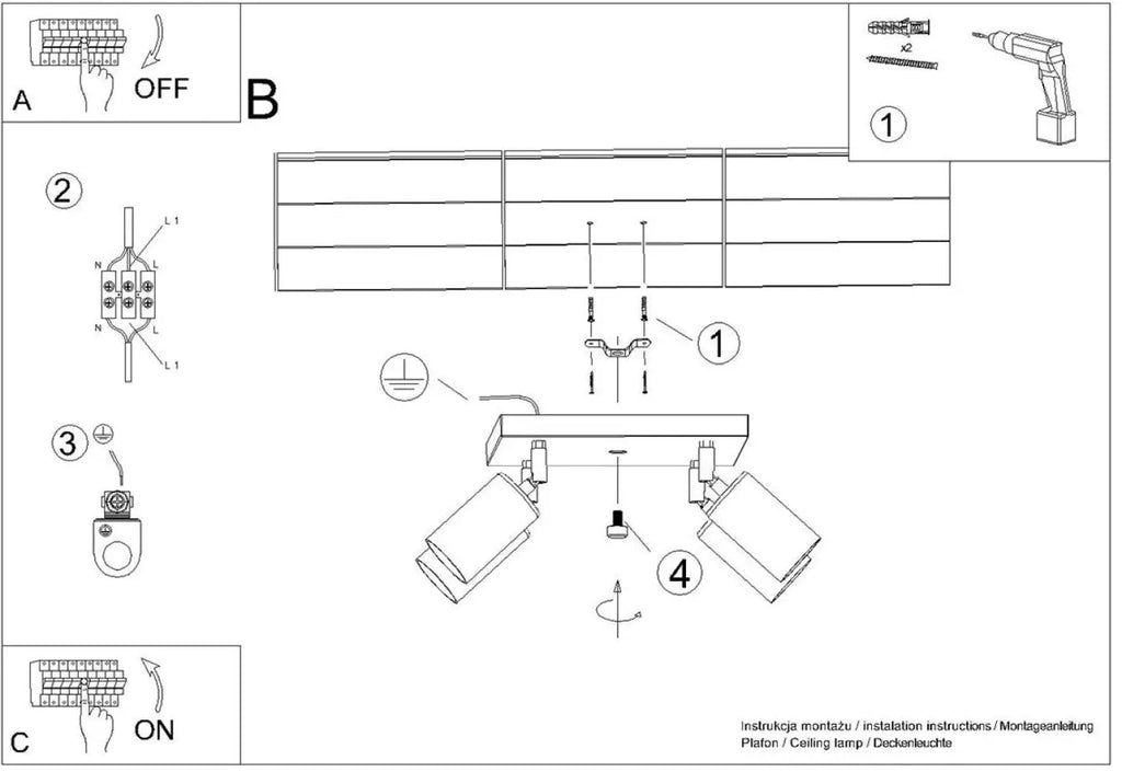 Plafonnier 4 spots orientables noir et doré, sur platine de 25 cm