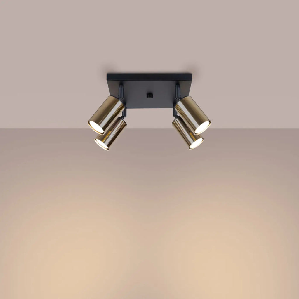 Plafonnier 4 spots orientables noir et doré, sur platine de 25 cm