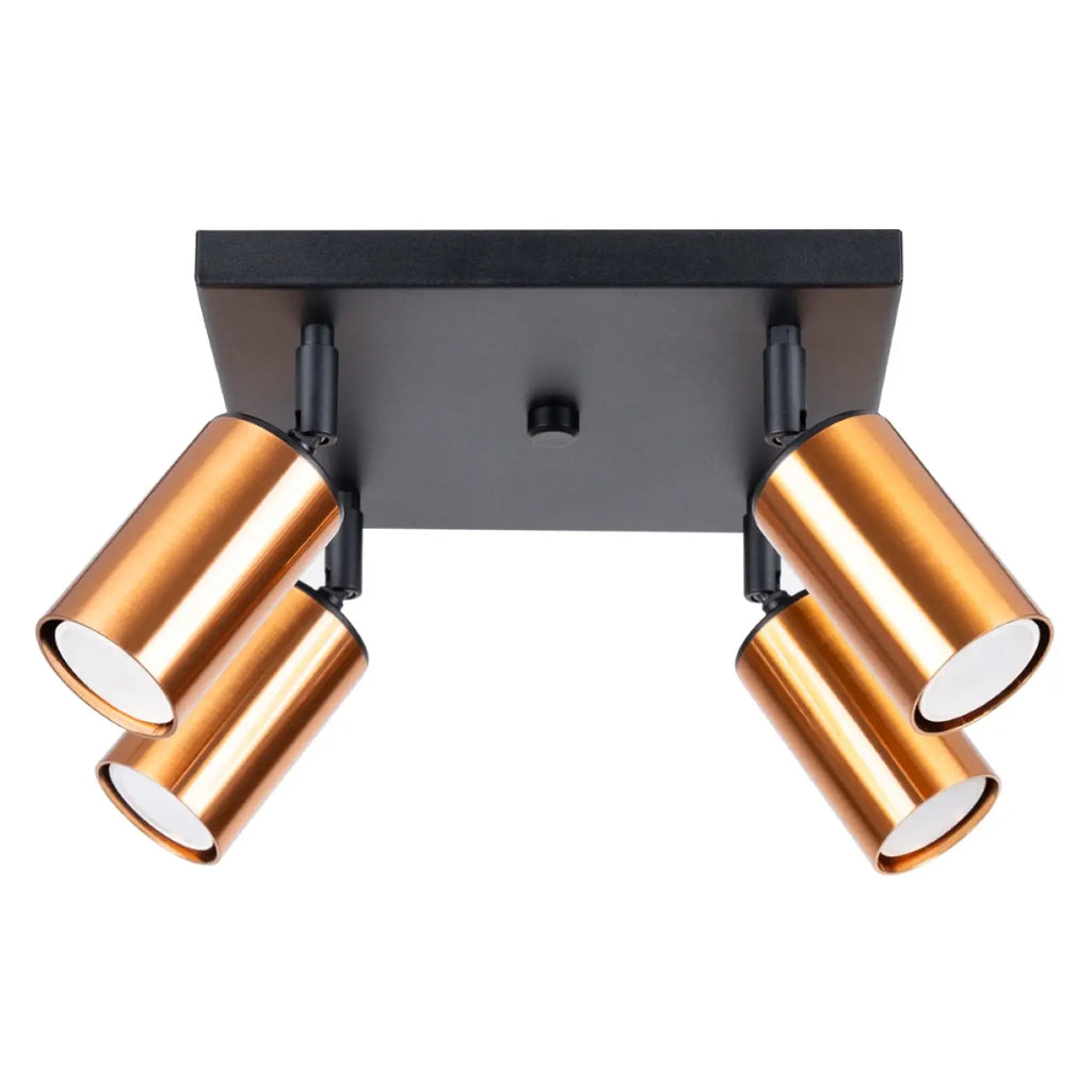Plafonnier 4 spots orientables noir et cuivre, sur platine de 25 cm