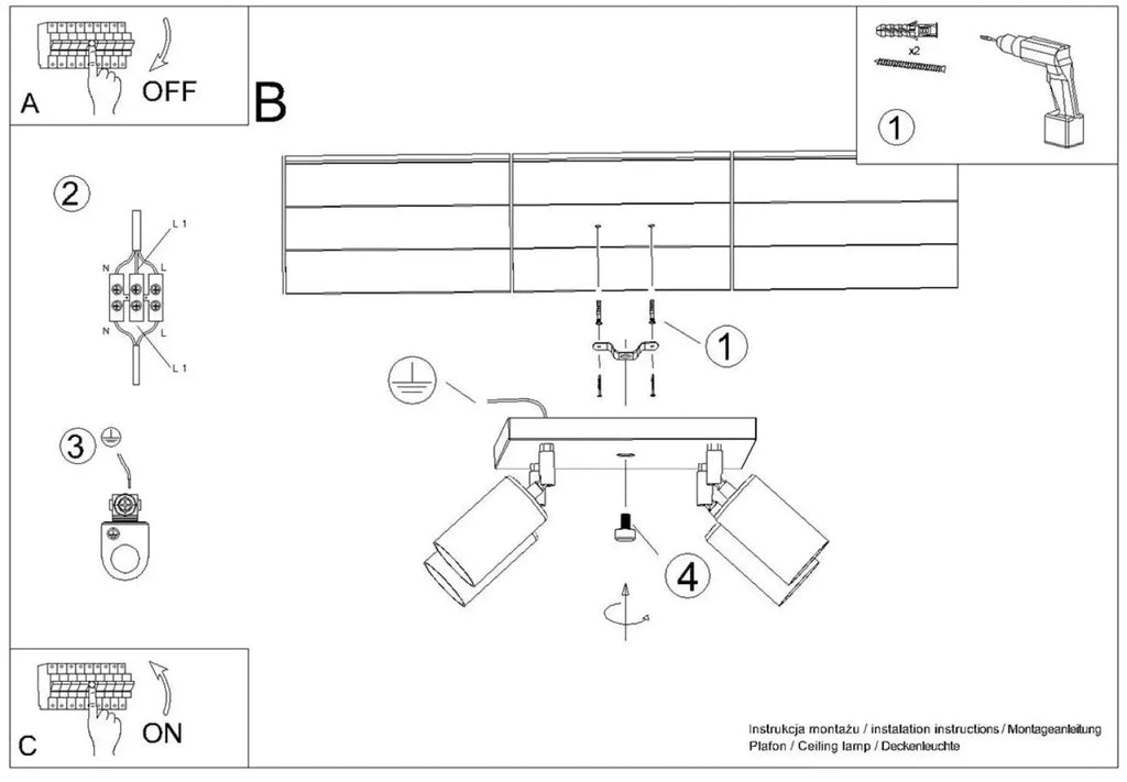 Plafonnier 4 spots orientables noir et cuivre, sur platine de 25 cm