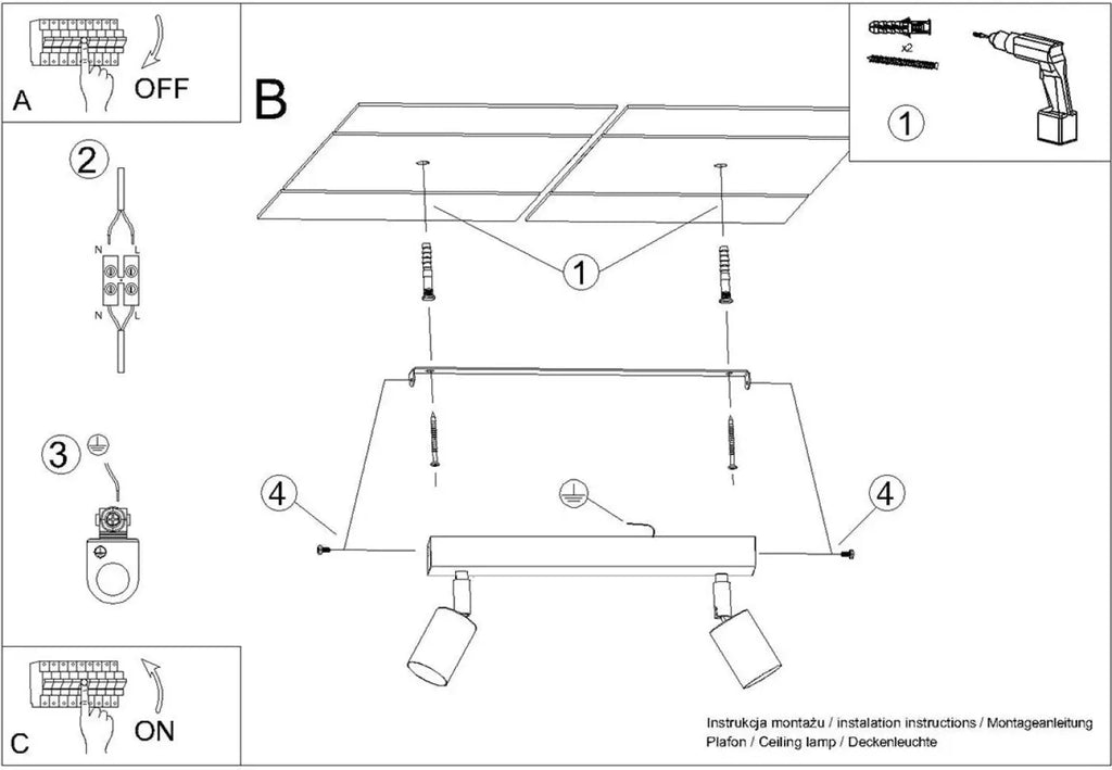 Plafonnier 2 spots orientables noir et chrome, barre de 30 cm